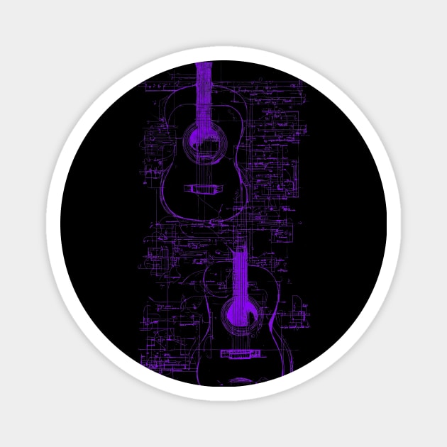 Purple Neon Da Vinci Acoustic guitar blueprint Magnet by Trip Tank